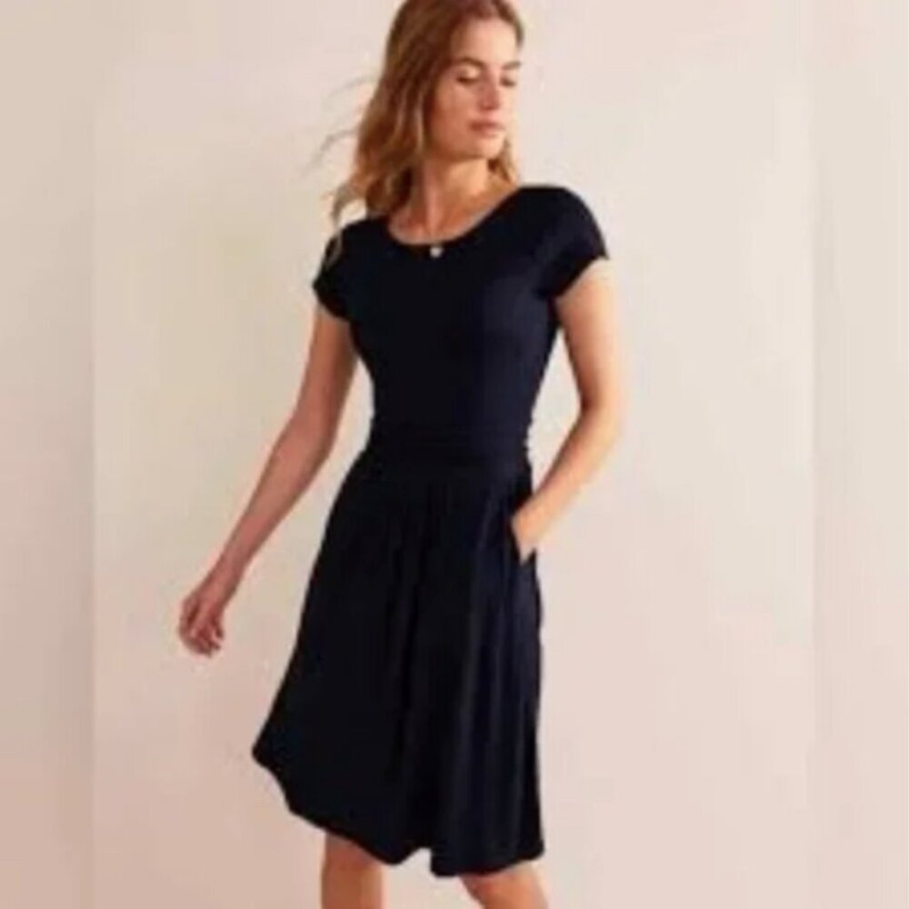 Boden Amelie Dress Navy Blue Jersey Stretch Pockets Knee Length 12 petite
